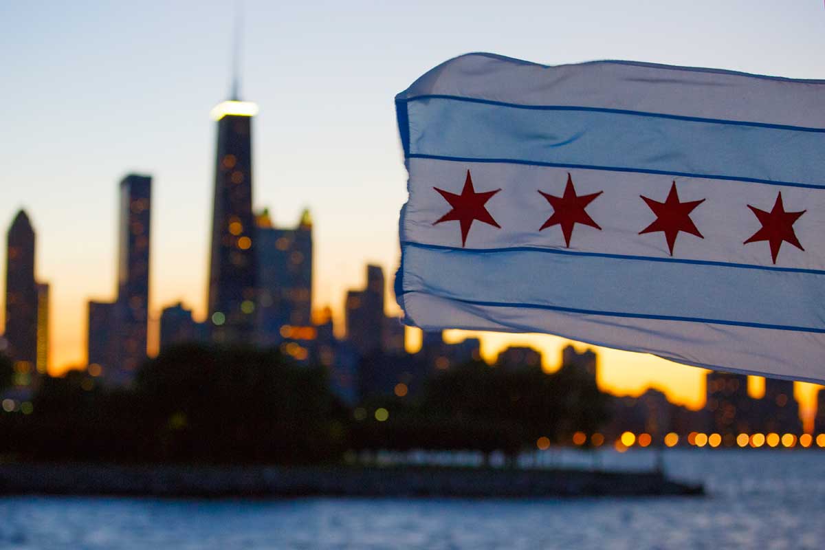 Chicago flag on a boat in Lake Michigan