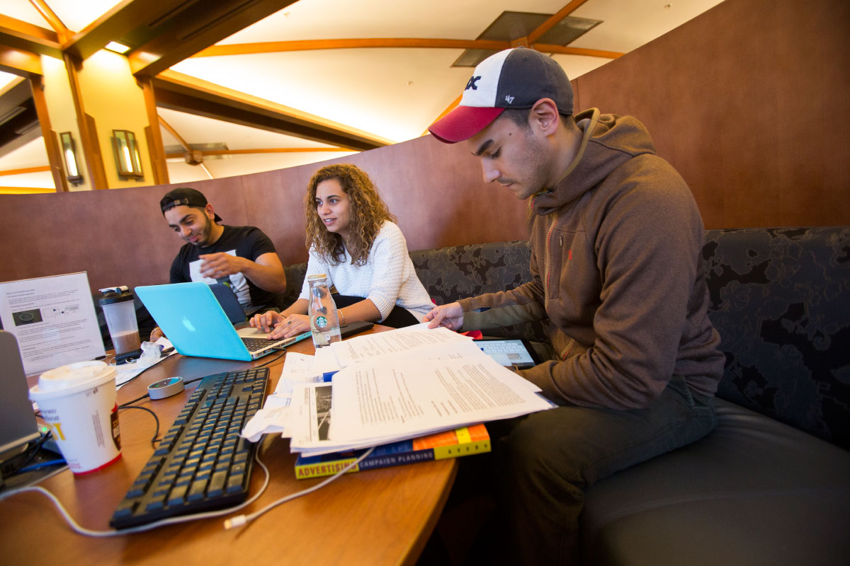 Student at a computer accesses online courses at DePaul